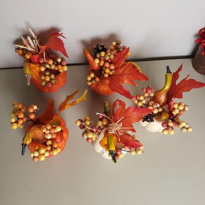 LOT 135B: Large Assortment of Fall Themed Decor; Centerpieces, Floral Arrangements, Candle Holders & More