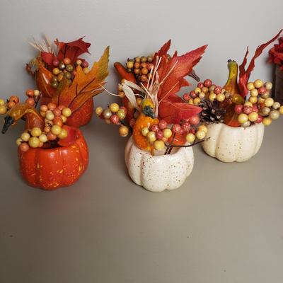 LOT 135B: Large Assortment of Fall Themed Decor; Centerpieces, Floral Arrangements, Candle Holders & More