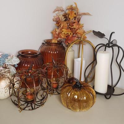 LOT 136B: Autumn Vibes Tabletop Decor; Metal Candle Holders, Glass Pumpkin, Florals & More