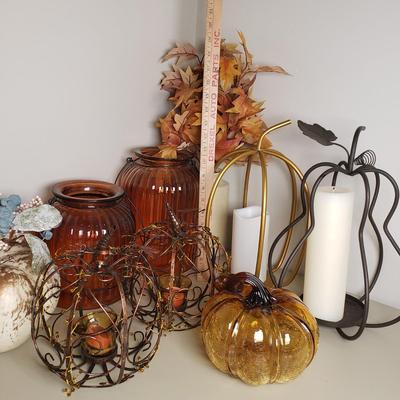 LOT 136B: Autumn Vibes Tabletop Decor; Metal Candle Holders, Glass Pumpkin, Florals & More