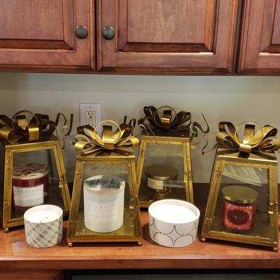 LOT 140B: Decorative Brass/Glass Candle Holders with Assorted Scented Candles