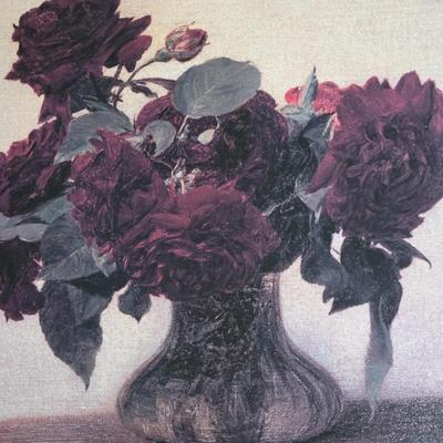 LOT 161Y: Dark Roses by the French Artist Henri Fantin-Latou Reproduction and Two Metal Scroll Work Wall Hangings