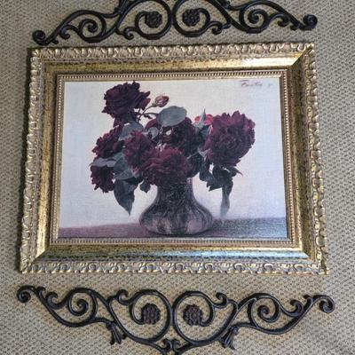 LOT 161Y: Dark Roses by the French Artist Henri Fantin-Latou Reproduction and Two Metal Scroll Work Wall Hangings