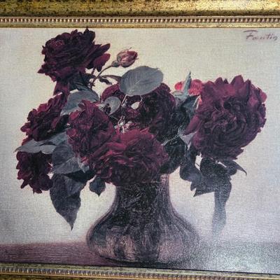 LOT 161Y: Dark Roses by the French Artist Henri Fantin-Latou Reproduction and Two Metal Scroll Work Wall Hangings