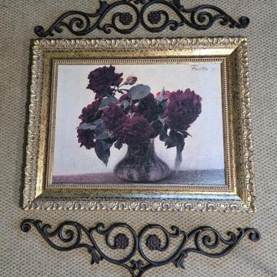LOT 161Y: Dark Roses by the French Artist Henri Fantin-Latou Reproduction and Two Metal Scroll Work Wall Hangings