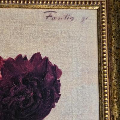 LOT 161Y: Dark Roses by the French Artist Henri Fantin-Latou Reproduction and Two Metal Scroll Work Wall Hangings