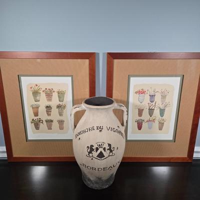 LOT 162Y: Two Flower Pot Prints and Ceramic Bordeaux Jug