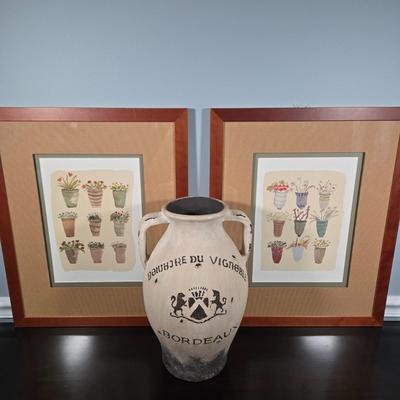 LOT 162Y: Two Flower Pot Prints and Ceramic Bordeaux Jug