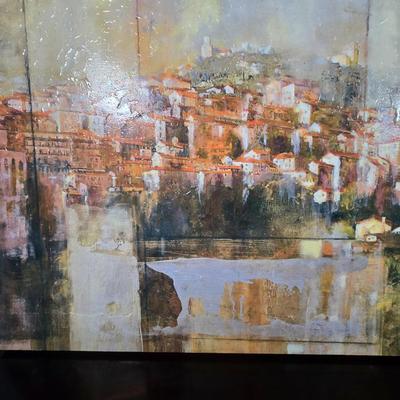 LOT 163Y: Stretched Canvas Painting of Tuscan Hillside and Two Wooden Candle Holders