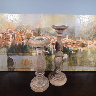 LOT 163Y: Stretched Canvas Painting of Tuscan Hillside and Two Wooden Candle Holders
