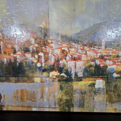LOT 163Y: Stretched Canvas Painting of Tuscan Hillside and Two Wooden Candle Holders