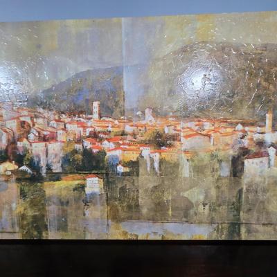 LOT 163Y: Stretched Canvas Painting of Tuscan Hillside and Two Wooden Candle Holders
