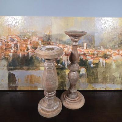 LOT 163Y: Stretched Canvas Painting of Tuscan Hillside and Two Wooden Candle Holders