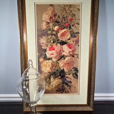LOT 164Y: Large Framed Floral Print and Lidded Glass Apothecary Jar