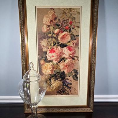 LOT 164Y: Large Framed Floral Print and Lidded Glass Apothecary Jar