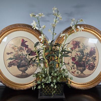 LOT 165Y: Two Floral Prints in Ornate Frames and Faux Flower Arrangement