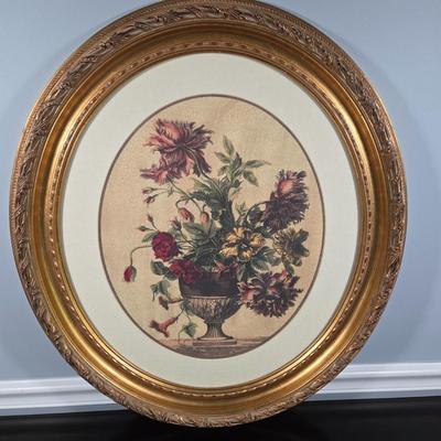 LOT 165Y: Two Floral Prints in Ornate Frames and Faux Flower Arrangement