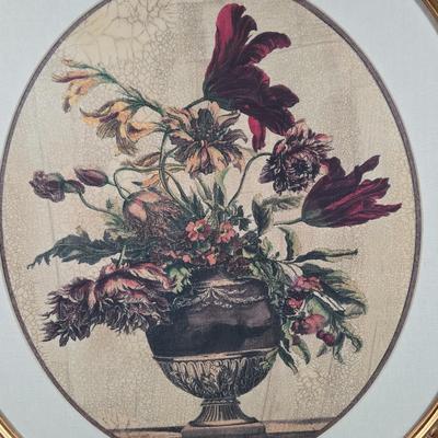LOT 165Y: Two Floral Prints in Ornate Frames and Faux Flower Arrangement