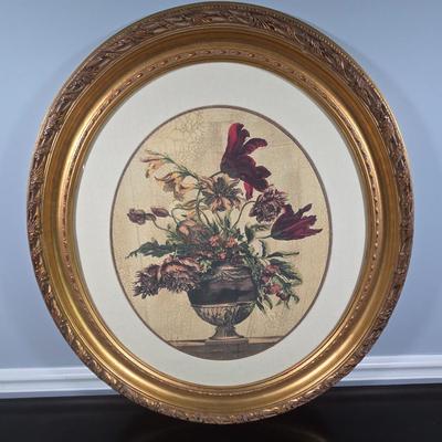 LOT 165Y: Two Floral Prints in Ornate Frames and Faux Flower Arrangement