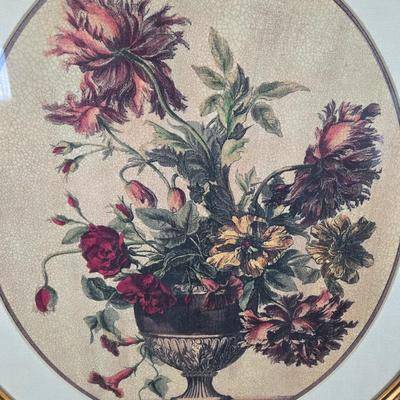 LOT 165Y: Two Floral Prints in Ornate Frames and Faux Flower Arrangement