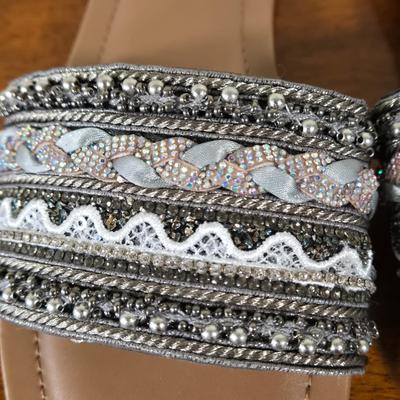 LOT 166W: Two Pairs of Ladies Slide on Sandals with Matching Formal Handbags