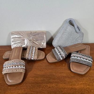 LOT 166W: Two Pairs of Ladies Slide on Sandals with Matching Formal Handbags