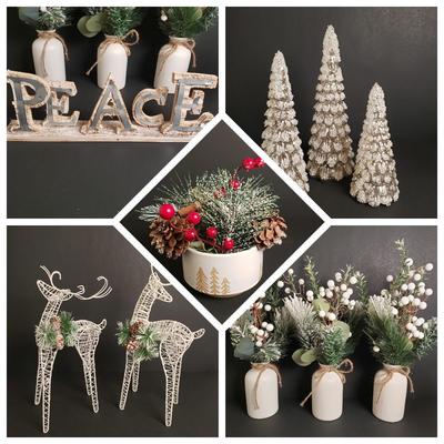 LOT 182B: Holiday/Winter Decor; Embossed Mercury Glass Trees, Artificial Floral Arrangements & More