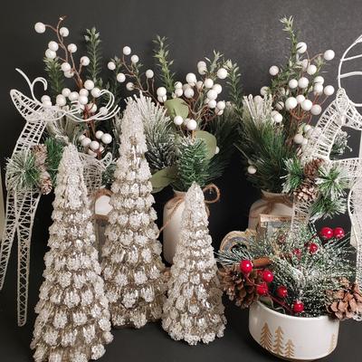 LOT 182B: Holiday/Winter Decor; Embossed Mercury Glass Trees, Artificial Floral Arrangements & More