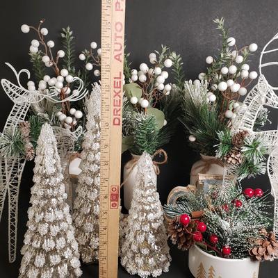 LOT 182B: Holiday/Winter Decor; Embossed Mercury Glass Trees, Artificial Floral Arrangements & More