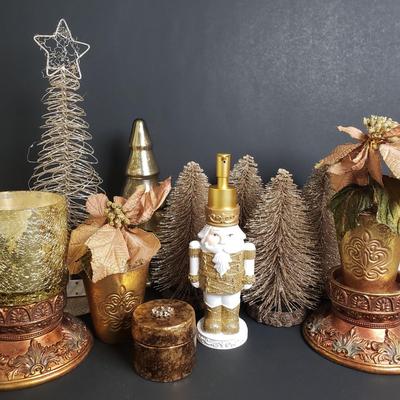 LOT 183B: Gilded Holiday Decor; Bottle Brush Trees, Lighted & Mercury Glass Style Trees, Decorative Candles & More