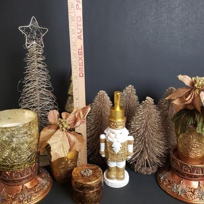 LOT 183B: Gilded Holiday Decor; Bottle Brush Trees, Lighted & Mercury Glass Style Trees, Decorative Candles & More