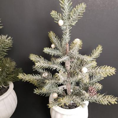 LOT 184B: Holiday Tabletop Decor; Beaded Iridescent Glass Trees, Artificial Potted Pine Trees & More