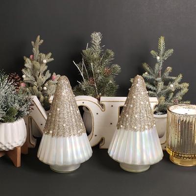 LOT 184B: Holiday Tabletop Decor; Beaded Iridescent Glass Trees, Artificial Potted Pine Trees & More