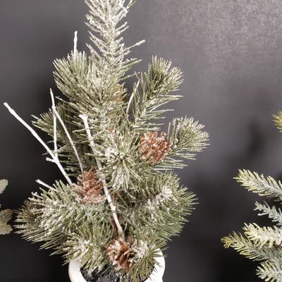 LOT 184B: Holiday Tabletop Decor; Beaded Iridescent Glass Trees, Artificial Potted Pine Trees & More