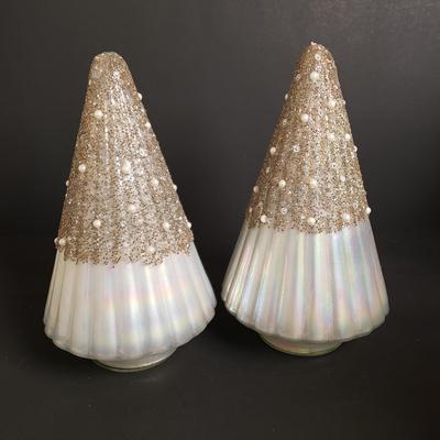 LOT 184B: Holiday Tabletop Decor; Beaded Iridescent Glass Trees, Artificial Potted Pine Trees & More