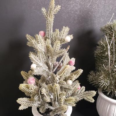LOT 184B: Holiday Tabletop Decor; Beaded Iridescent Glass Trees, Artificial Potted Pine Trees & More