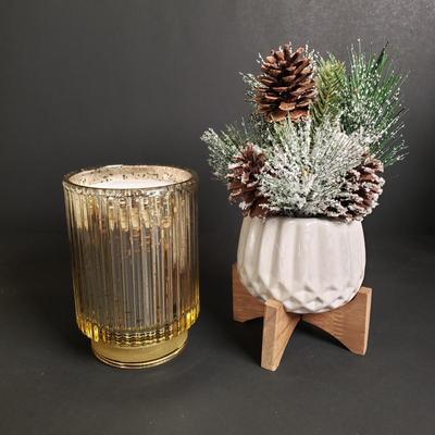 LOT 184B: Holiday Tabletop Decor; Beaded Iridescent Glass Trees, Artificial Potted Pine Trees & More