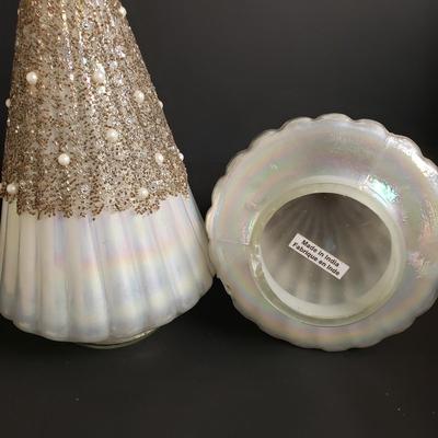 LOT 184B: Holiday Tabletop Decor; Beaded Iridescent Glass Trees, Artificial Potted Pine Trees & More