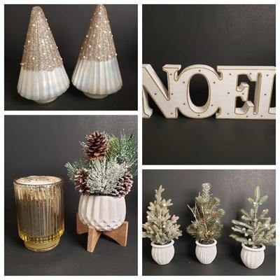 LOT 184B: Holiday Tabletop Decor; Beaded Iridescent Glass Trees, Artificial Potted Pine Trees & More