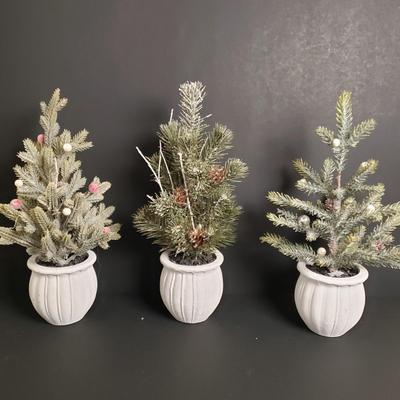 LOT 184B: Holiday Tabletop Decor; Beaded Iridescent Glass Trees, Artificial Potted Pine Trees & More