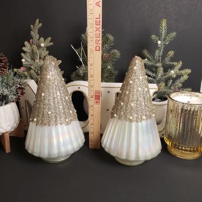 LOT 184B: Holiday Tabletop Decor; Beaded Iridescent Glass Trees, Artificial Potted Pine Trees & More