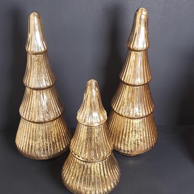 LOT 185B: Set of 3 Golden Mercury Glass Style Trees & Wooden Gift Decoration