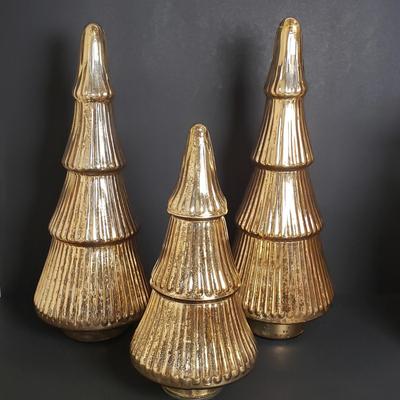 LOT 185B: Set of 3 Golden Mercury Glass Style Trees & Wooden Gift Decoration