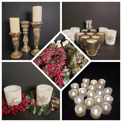 LOT 186B: Decorative Candle Assortment; Large Selection of Candle Rings, Mercury Glass Candle Holders, Lots of Electric Tea Lights &...