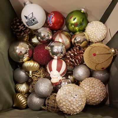 LOT 187B: Bins of Assorted Holiday Decor; Ornaments, Berries, Florals & More