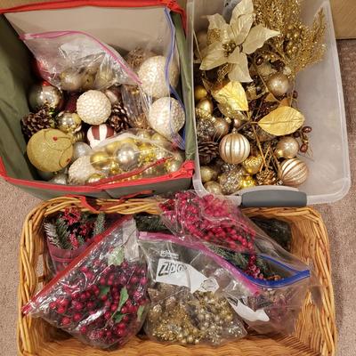 LOT 187B: Bins of Assorted Holiday Decor; Ornaments, Berries, Florals & More
