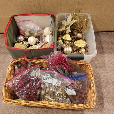 LOT 187B: Bins of Assorted Holiday Decor; Ornaments, Berries, Florals & More