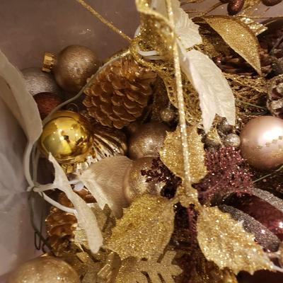 LOT 187B: Bins of Assorted Holiday Decor; Ornaments, Berries, Florals & More