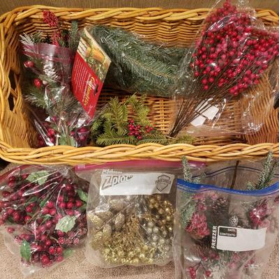 LOT 187B: Bins of Assorted Holiday Decor; Ornaments, Berries, Florals & More
