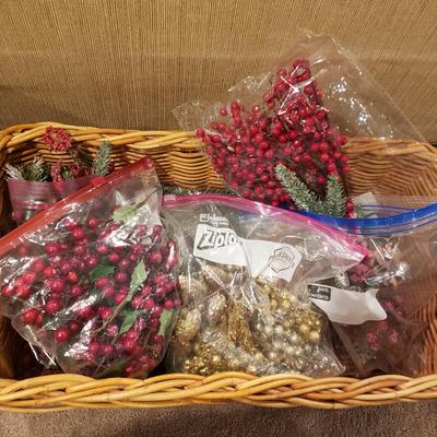 LOT 187B: Bins of Assorted Holiday Decor; Ornaments, Berries, Florals & More